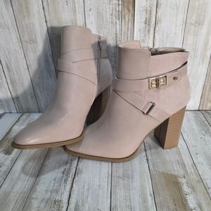 JustFab Carol Taupe Suede Buckle Strap Block Heel Ankle Boots Womens US 10